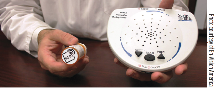 Figure. ScripTalk talking prescription labels (pictured), ScriptView large print labels,
and braille labels are part of the ScriptAbility Accessible Labeling System from En-Vision
America. These accessible labels are available from participating pharmacies on request
at no cost to patients.